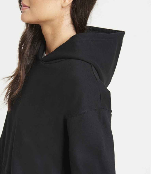 AWDis Ladies Relaxed Hoodie | JH305 | Deep Black Model Showing Hood
